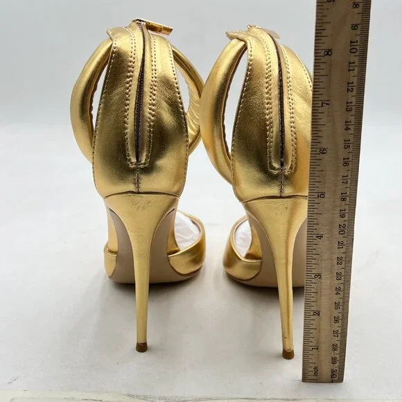 FSJ Gold Pointy Toe Stiletto Heels Evening Ankle Strap Zip Pumps - Picture 5 of 8